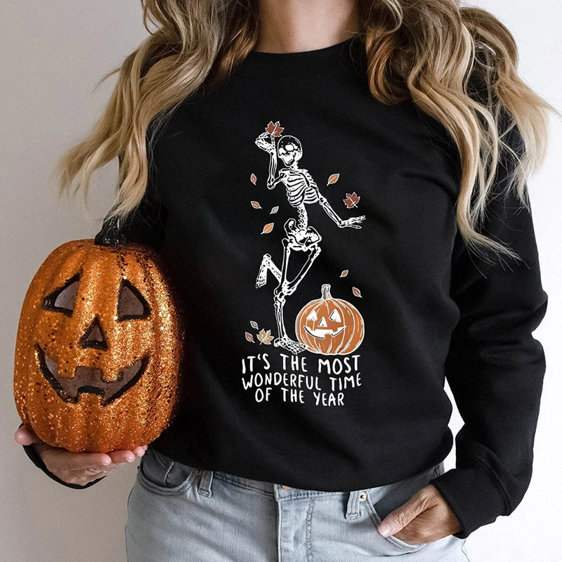 Halloween Skeleton & Pumpkin Print Sweatshirts